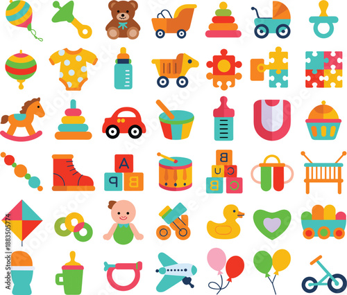 Colorful baby and toddler icons featuring toys, accessories, and nursery items — perfect for early childhood education, parenting design, and playful kids-themed graphics.