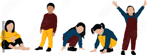 Children in expressive poses — colorful outfits and dynamic postures ideal for early education, activity illustrations, and playful character design themes.