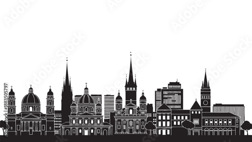 Stylized skyline silhouette of a cityscape with historic and modern buildings illustrating architecture and urban environment