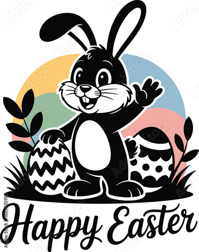 A cheerful black rabbit waves happily amidst easter eggs and a colorful background