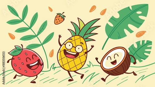 A fantasy cartoon inspired by tropical fruits, with a cheerful and commercial style.
