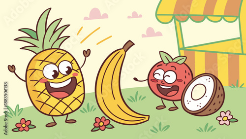 A fantasy cartoon inspired by tropical fruits, with a cheerful and commercial style.