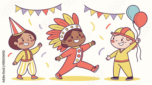 Cartoon of children dressed up as carnival characters, cultural diversity and joy.