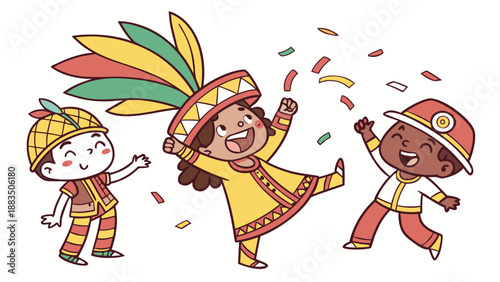 Cartoon of children dressed up as carnival characters, cultural diversity and joy.