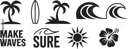 Beach with palm trees and waves surfboard hibiscus desi