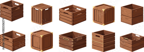 Stylized wooden crate collection — ten unique box designs with varied textures, openings, and handles for packaging, storage, and game asset illustrations.