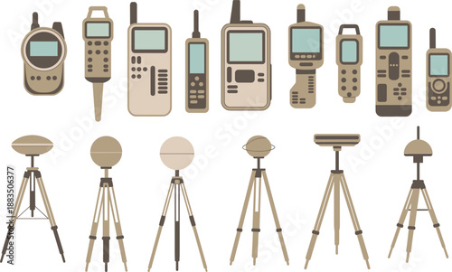 Surveying equipment set featuring handheld GPS units and GNSS receivers on tripods — ideal for geolocation, mapping, and land measurement illustrations.