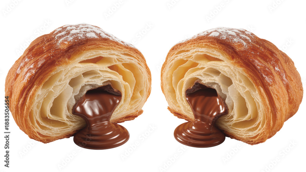 Fototapeta premium Croissant; chocolate; melted; pastries; two halves; baked goods
