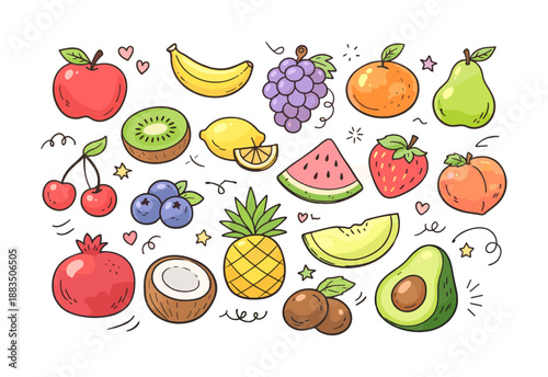 Colorful fruits collection in cute doodle style with playful elements