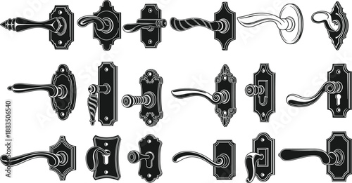 Vintage door handle and keyhole set — sixteen ornate black illustrations with twisted levers and decorative backplates for architecture and restoration themes.