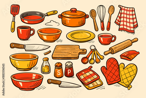 Colorful hand-drawn kitchen utensils and cookware collection on beige background