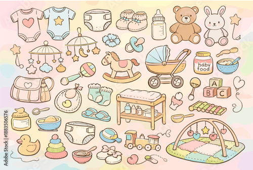 Cute baby essentials and toys in hand-drawn doodle style on pastel background
