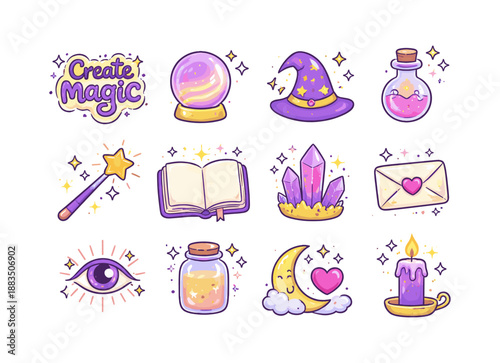 Magic and fantasy icons: cute pastel wizardry collection with crystals and potions