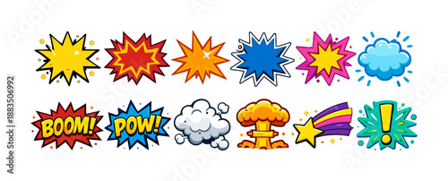 Colorful comic style pop art explosions and speech bubbles with text for dynamic designs
