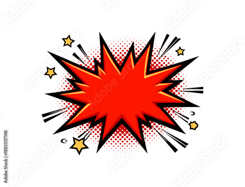 Retro comic book boom explosive speech bubble with red burst and stars