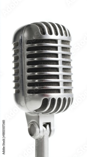singer. A classic microphone with vintage design, showcased against a plain white background from a top-down perspective. product launch decks.
