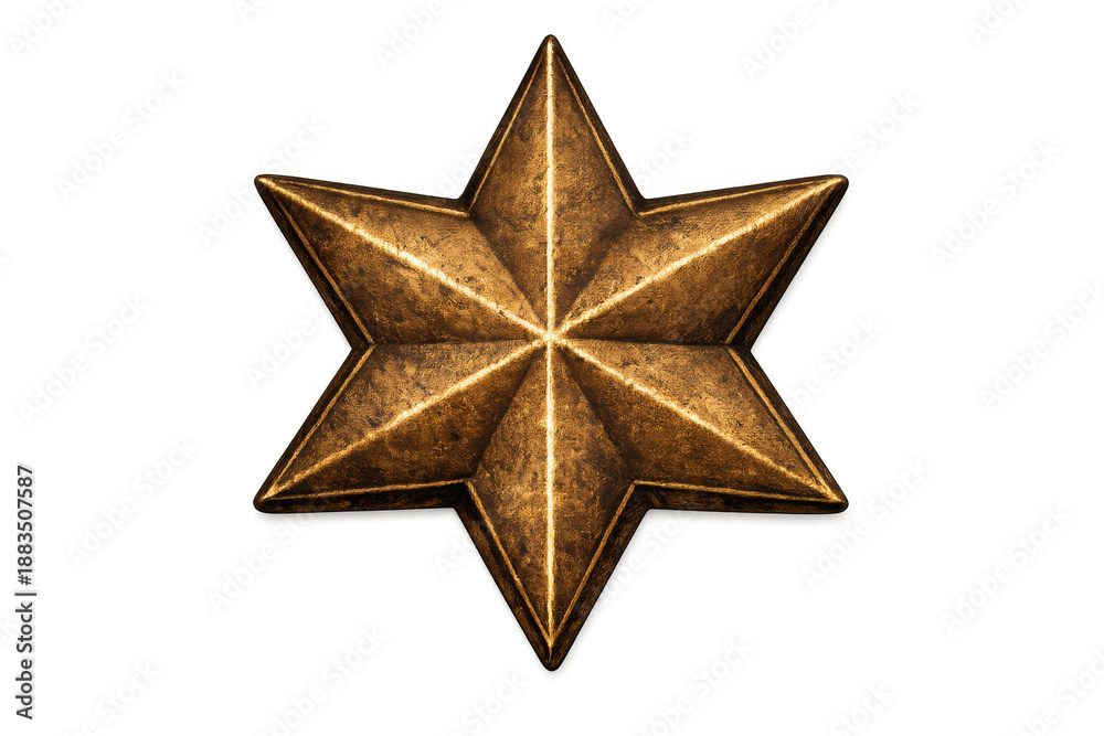 Fototapeta premium Bronze six-pointed star badge as an award or achievement symbol, weathered metallic texture, transparent background