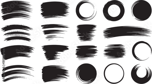 Black brush strokes and shapes on white background desi