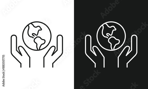 Minimalist Line Art Hands Cupping Planet Earth Globe Icon Set for Global Environmental Protection, Climate Change Awareness, and Sustainability Responsibility Concepts