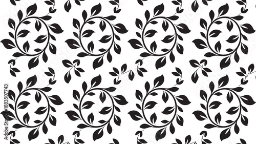 Artistic black leaf and flower pattern on a clean white background seamless