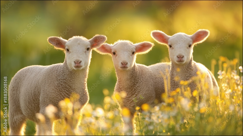 Obraz premium lambs. Young lambs exploring a sunlit meadow filled with spring wildflowers. wildlife magazines, conservation campaigns, designed for wildlife conservation campaigns, promotes animal welfare. 