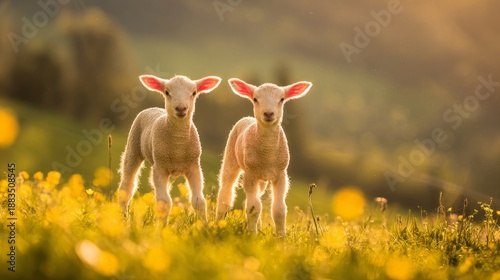 lambs. Young lambs exploring a sunlit meadow filled with spring wildflowers. ...