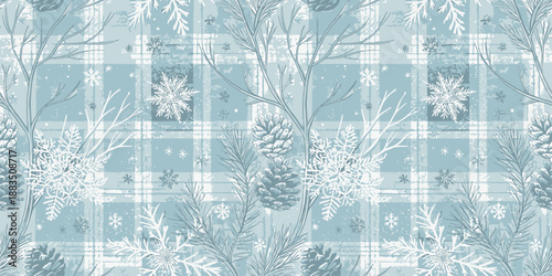 Winter-themed floral pattern featuring snowflakes and pine cones in calming blue tones.