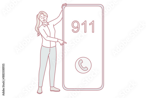 Emergency call and sos concept. Smiling woman standing near huge smartphone pointing at screen with 911 emergency green button call vector illustration
