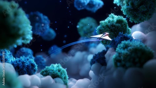 A mesmerizing journey through an abstract realm filled with colorful microorganisms and fluffy clouds, featuring a paper airplane that gracefully glides through the enchanting scene, showcasing