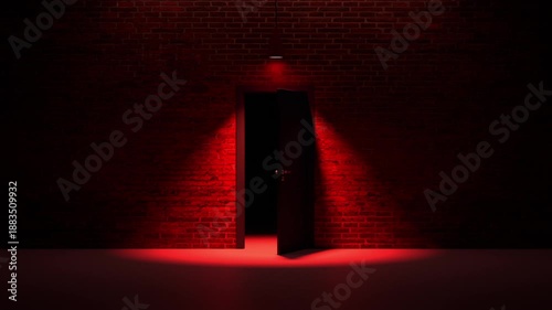 The door opens onto a strange dark room, red light and brick wall. Decision, mystery, choice, unknown, danger, dark, shadow.