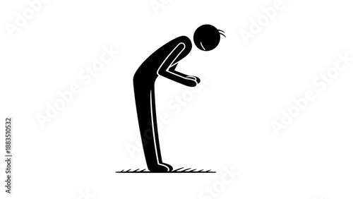 Black stick figure man bowing deeply with respect and humility on isolated white background.