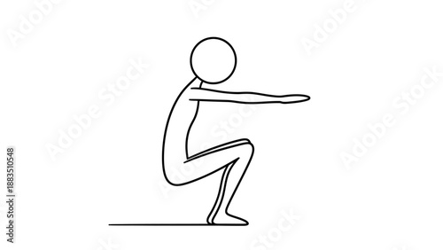 Stick figure man performing deep squat with arms extended forward for balance, isolated white background