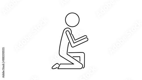 Stick Figure Man Kneeling and Praying Peacefully on an Isolated White Background