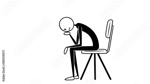 Silhouette stick figure man sitting on chair with head in hands, feeling sad and stressed, isolated white background