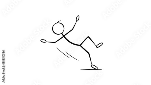 Stick figure man slipping on object with arms flailing, isolated white background