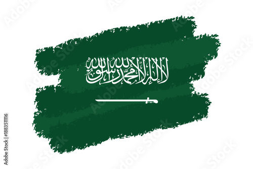 A vibrant, textured brushstroke depiction of the Saudi Arabian national flag with its distinctive Islamic inscription and sword, Saudi Arabia Brush stroke Flag design