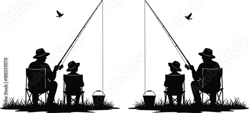 Father and son fishing silhouettes with rods and bucket, outdoor family hobby scene, isolated on white background.