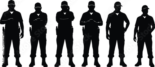 Security guard silhouette set in different poses, black vector police officer characters isolated on white background