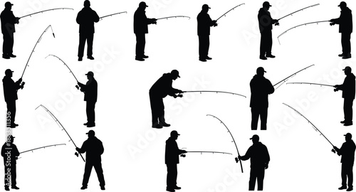 Set of fisherman silhouettes casting fishing rods, anglers in different poses, sport fishing black vector collection isolated