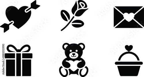 Collection of Valentines day icons heart rose envelope gift teddy bear cake love symbols