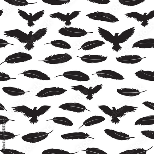 Flying birds and scattered feathers isolated on transparent background