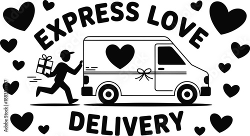 Express love delivery van with a running man holding a gift and hearts