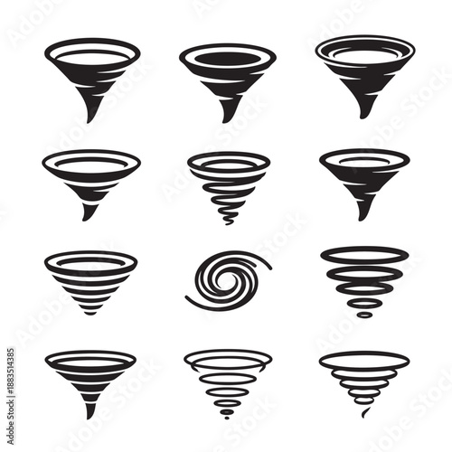 Set of minimalist funnel icons with varying spiral designs isolated