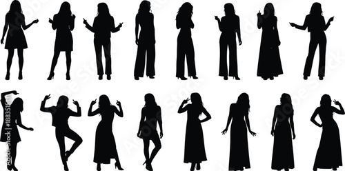 Woman silhouette set in different poses, female standing and dancing figures collection, fashion people vector illustration