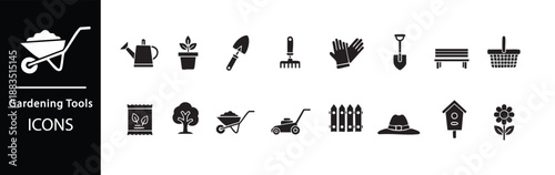 A collection of gardening tools icons on a white background