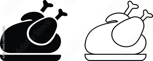 Set of grilled chicken icons, collection of roasted poultry and meat symbols, group of flat line vector illustrations, add drumstick, roast, barbecue, food menu design, black icon