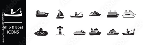 A collection of ship and boat icons in black and white
