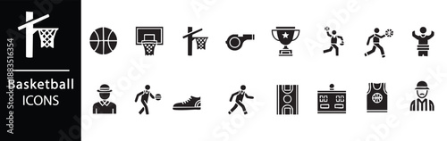 A set of black and white basketball icons on a clean background