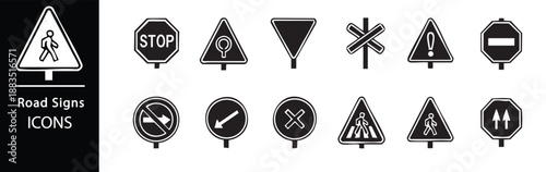 A collection of road signs and traffic icons on a white background