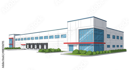 Architectural vector illustration of a large, modern industrial warehouse building with loading docks and glass windows.
